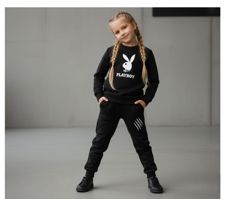 Kids PLAYBOY Printed Stylish Black & Black Tracksuit Set | Winter Fleece Sweatshirt & Trouser Outfit for Boys & Girls