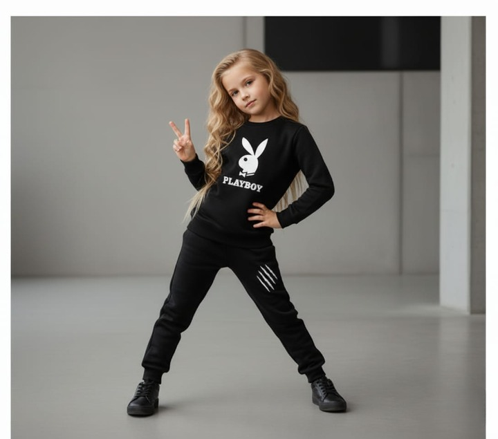 Kids PLAYBOY Printed Stylish Black & Black Tracksuit Set | Winter Fleece Sweatshirt & Trouser Outfit for Boys & Girls